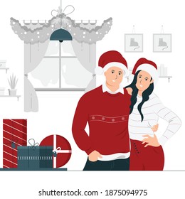 Ilustración conceptual de diseño gráfico vectorial de una pareja que celebra la Navidad juntos