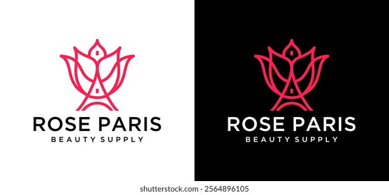 Concept illustration of vector logo design art flower line and eiffel tower paris.