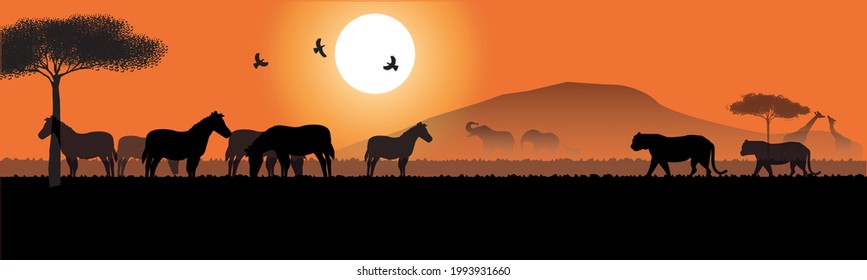 Concept illustration vector silhouettes of wild animals of Africa, birds, zebras, lions on the background of the sun mountains and landscape.