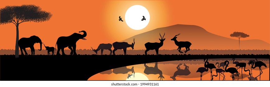 
Concept illustration vector silhouettes of wild animals on an orange background Africa, birds, elephants, antelopes, flamingos on the background of sunny mountains lake and landscape.