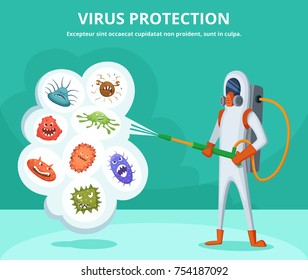 Concept illustration of viruses protection. Character in special clothing poisons microbes. Vector virus protection, infection and bacteria protect