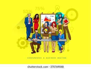 Concept illustration for website, infographics. Flat design of web banner template with outline bonus icons of coworking, business people training, corporate conference, sales meeting presentation.