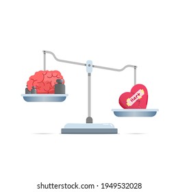 Concept illustration of weighing tools with broken heart are heavier than a brain. isolated on a white background