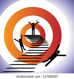 Concept illustration of a winner and losers. The graphic shows a person successfully reaching goal a winning while others falling down the path and getting defeated (unsuccessful)