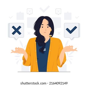 Concept illustration of Woman choose between right or left, yes or no, Business decisions, ethical dilemma, choose, choice, undecided flat cartoon style