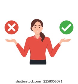 Concept illustration of Woman choose between right or left, yes or no, Business decisions, ethical dilemma, choose. Flat vector illustration isolated on white background