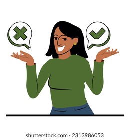 Concept illustration of Woman choose between right or left, yes or no, Business decisions, ethical dilemma, choose, choice, undecided flat cartoon style.