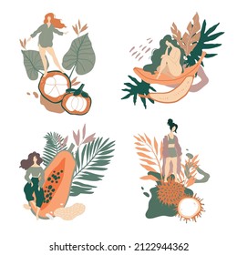 Concept illustration with woman, exotic fruits and jungle leaves.