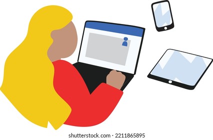 Concept Illustration of a Woman going on the Web using different Connected Devices 