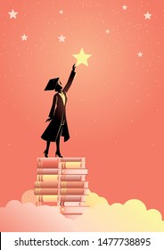 Concept illustration of a woman in graduation toga reach out for the stars by using books as the platform. Education concept.