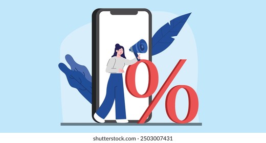 concept illustration of a woman holding a megaphone because there is a Black Friday discount