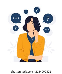 Concept illustration of Woman Questioned, thinking, and confused with question mark looking up with thoughtful focused expression flat cartoon style