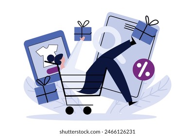 concept illustration of a woman shopping at an online store and receiving product delivery