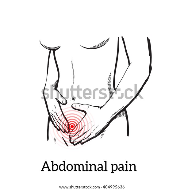 女性の胃痛 月経痛 下痢 消化不良 病気の胃を手に持つ女の子 赤い痛みのある白い背景にベクタースケッチカルトニカのコンセプトイラスト のベクター画像素材 ロイヤリティフリー