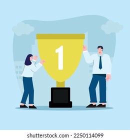 the concept of illustration of workers is winning a trophy at work