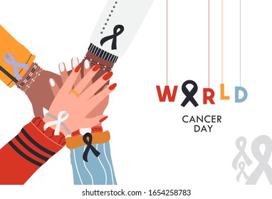 concept illustration of world cancer day, hands of various groups of people gathered hanging lavender ribbons in his hand. with the concept of togetherness, please help . vector illustration