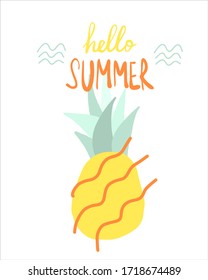 Concept illustration of yellow abstract pinepple, colorful flat vector illustration isolated on white background, Hello Summer lettering