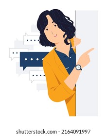 Concept illustration of Young Businesswoman standing behind a wall while peeking with curiosity, startled, shocked, Surprised, peeping, listening, discovery and Pay attention flat cartoon style