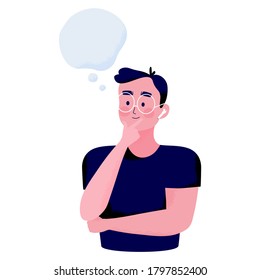 Concept illustration of a young man pose by placing a finger on the chin and smiles thinking about something with text space