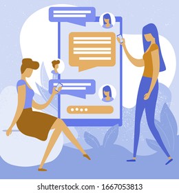 Ilustración conceptual de los jóvenes usando smartphone para charlar, impresionar, ser amigos en los medios sociales. Ilustración vectorial de diseño plano creativo.