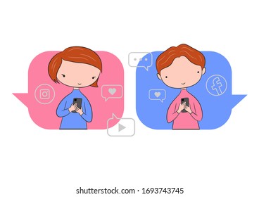 ilustración conceptual de los jóvenes que usan dispositivos móviles como laptop, tablet PC y smartphone para redes sociales y blogs. El distanciamiento social, usamos la conexión de los medios sociales. Concepto.