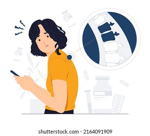 Concept illustration of Young woman with bad posture, backache, Shoulder pain, curvature of the spine, Incorrect posture using mobile smart phone flat cartoon style