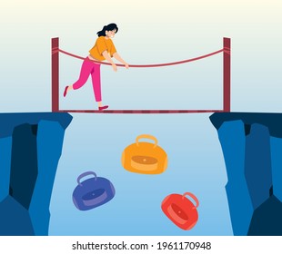 Concept illustration of young woman dropping bags from a bridge as a metaphor for getting rid of excess baggage.