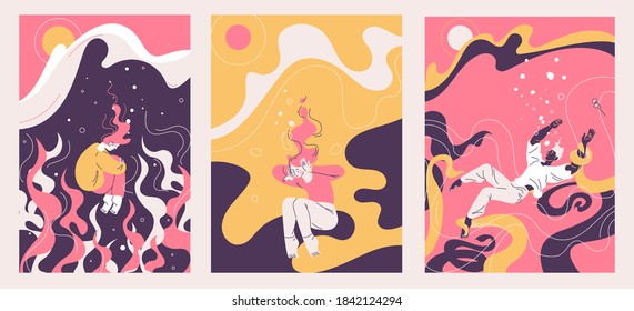 Concept illustrations about depression and mental problems. Vector outline collection with people drown in the sea of sadness. Pink, yellow and purple colors
