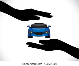Concept Illustrations of a Car Insurance or Car Protection using Hand Silhouettes and front view of beautiful bright blue Car