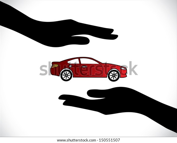 Concept\
Illustrations of a Car Insurance or Car Protection using Hand\
Silhouettes and beautiful bright red\
Car