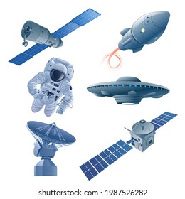 Concept illustrations of the exploration of the galaxy and space, astronaut and space ships and satellite