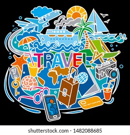 concept illustrations of fun travel doodles with vacations, tourism and cruise