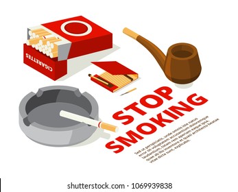Concept illustrations of stop smoking theme. Various isometric pictures of tools for smokers