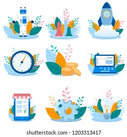 Concept illustrations time management, enterprise robotization, graphic design, online store, start up, concept idea, schedule set
