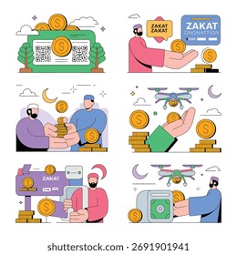 Ilustraciones conceptuales de los métodos de donación de Zakat: donación islámica y caridad