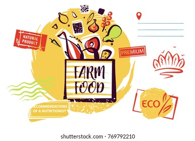 Concept image, banner, poster, flyer for shop, market, store, boutique with eco farm product. Template logo. Silhouette open package with meal ingredient. 