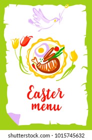 Concept image with bird and flower tulip. Sketch food ingredient for celebration happy religion holiday. Silhouette dish plate with vegetable and meat. Easter menu. 
