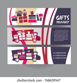 Concept image for fast delivery transportation business carrying a gift package. Sketch vector illustration. Silhouette truck with present in cardboard box. Template logo, banner, poster design. 