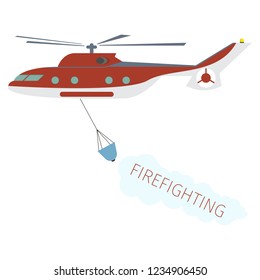 Concept image Firefighting Using Fire Helicopter. Vector Illustration Cartoon Fire fighting Water Helicopter Isolated on White Background. Red Fire brigade rescue Helicopter. Firefighting Concept