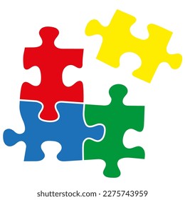 Imagen conceptual de cuatro acertijos de conexión como solución de problemas en los negocios. Símbolo jigsaw azul, rojo, verde, amarillo con marcos blancos editables.