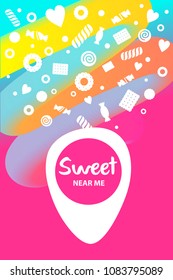 Concept image geolocation marker with text sweet near me. White silhouette candy, heart, cookie on gradient 3d line and pink background.