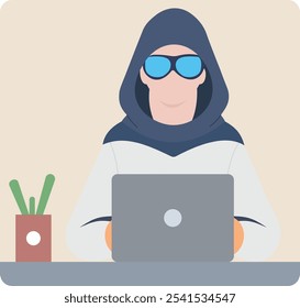 The concept of the image is a hacker, likely due to the hooded figure and the use of a laptop, suggesting clandestine online activity.