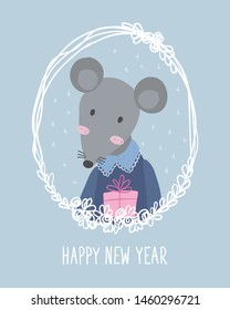 Concept image for Happy new year with rat, mice with present in a frame. Lunar horoscope sign mouse. Chinese Happy new year 2020. Cute character mouse in cartoon style.