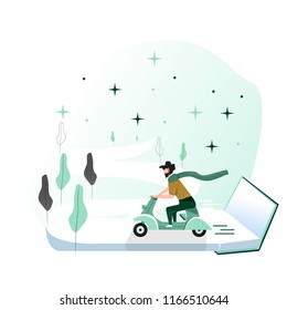 The concept. The image of a man with a beard, he goes to a meeting with adventures, through the pages of a read book, on a moped.