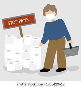 Concept with the image of a man with an empty basket in the store near a huge pile of toilet paper, the inscription "Stop panic" on top. For banner, newsletters, blogs, infographics. Vector.