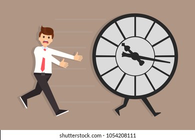 Concept image of man running after clock trying to catch time getting away. Running late of time with the project. Eps vector illustration, horizontal image, flat design.