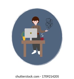 Concept With The Image Of A Man Working From Home. By Video Link, The Guy Is Trying To Participate In A Brainstorming Session. Presents An Idea. Vector Graphics.