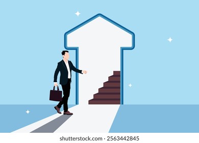 Concept image of an open door to success or career opportunities. Ladder or step to new opportunities. Open door for businessman to climb the ladder of success. Concept of progress or problem solving.