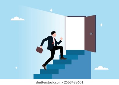 Concept image of an open door to success or career opportunities. Stairs or steps to new opportunities. Open door for businessman to climb the ladder of success.Concept of progress or problem solving.