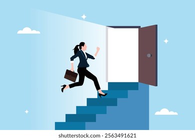 Concept image of an open door to success or career opportunities. Stairs or steps to new opportunities. Open door for businesswomen to climb the ladder of success.Concept of progress.